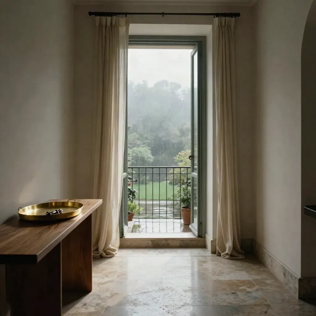 Salone italiano elegante con porte sul cortile bagnato e luce mattutina dorata.