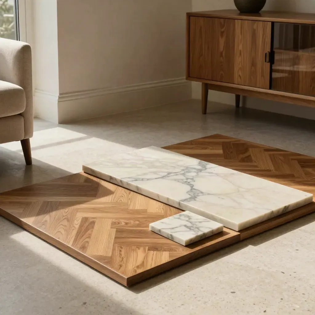 Angolo living con parquet, campione di marmo e finiture neutre in luce morbida.
