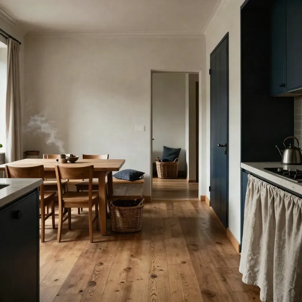 Interno bolognese pronto per l’affitto, tavolo in rovere, ingresso ordinato e luce calda.