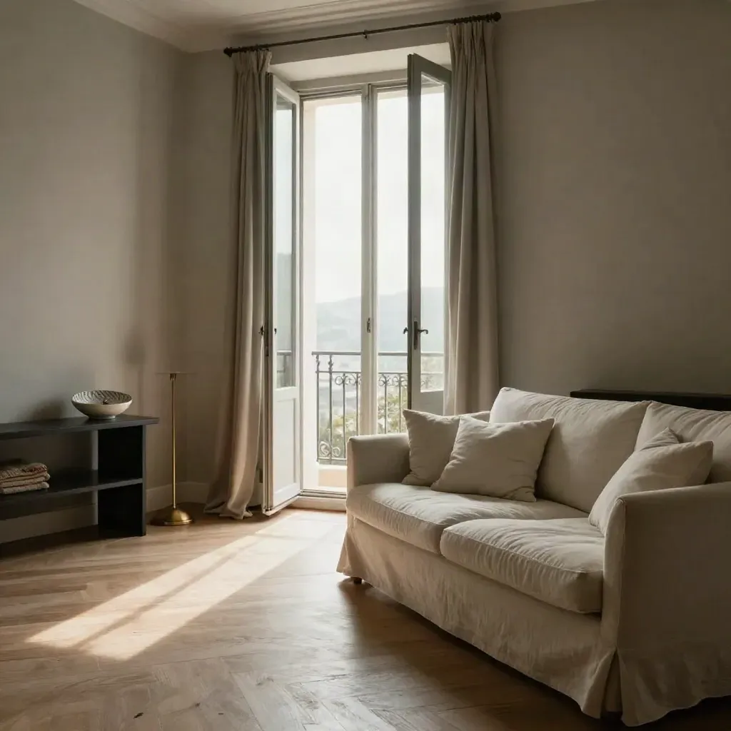 Soggiorno bilocale milanese venduto, divano chiaro, porte francesi aperte e console con vassoio chiavi.