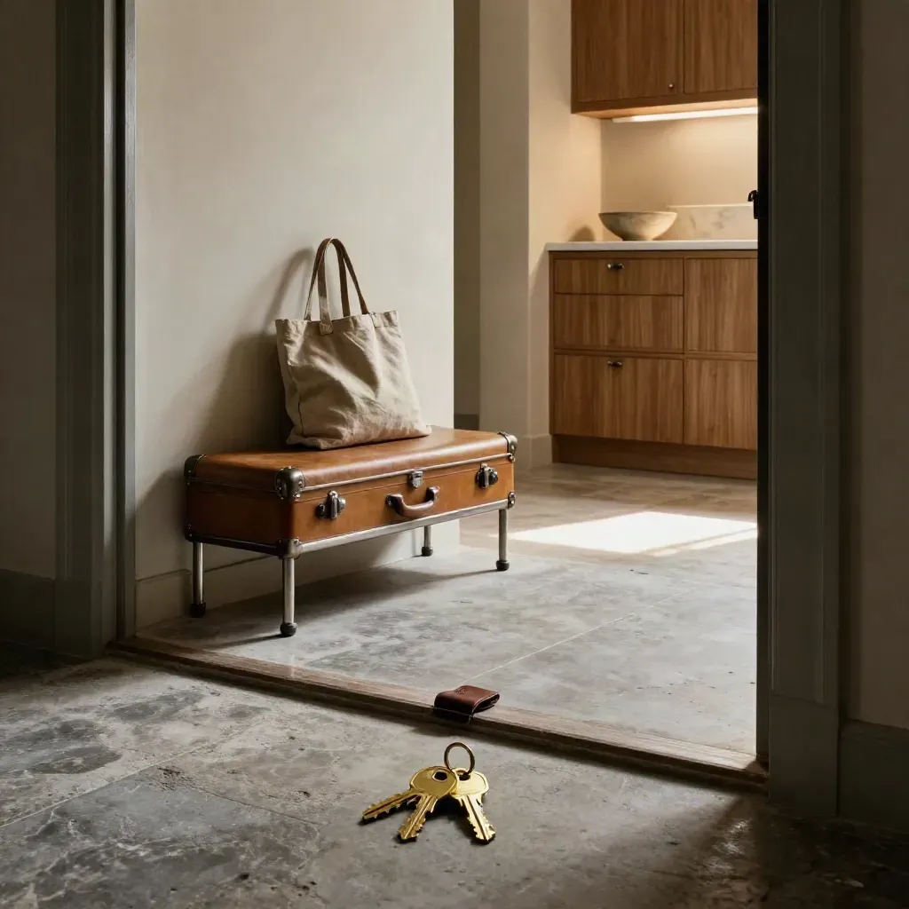 Chiavi nuove su pavimento d’ingresso, panca-valigia e cucina luminosa sullo sfondo.