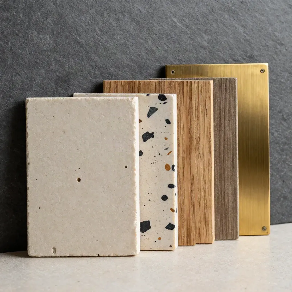 Campionari di travertino, rovere, terrazzo e ottone su ardesia, luce radente.