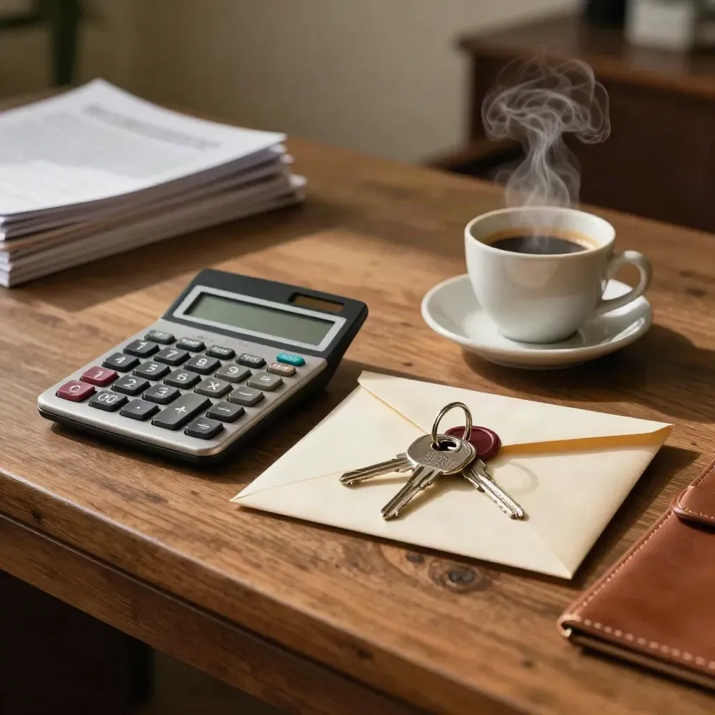 Set da mutuo con calcolatrice, chiavi e tazzina di espresso su credenza in legno.