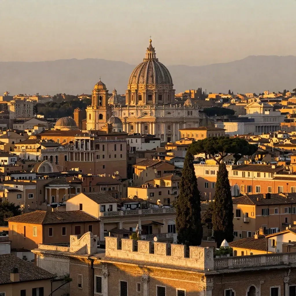 Panorama di Roma al tramonto con cupole, cipressi e pietra calda in luce dorata